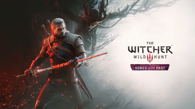 Arte oficial da expansão Songs of the Past de The Witcher 3. Geralt de Rivia segura uma espada com runas vermelhas brilhantes, com uma criatura monstruosa e sombria semelhante a uma árvore ao fundo. À direita, o logotipo oficial do jogo e da expansão.