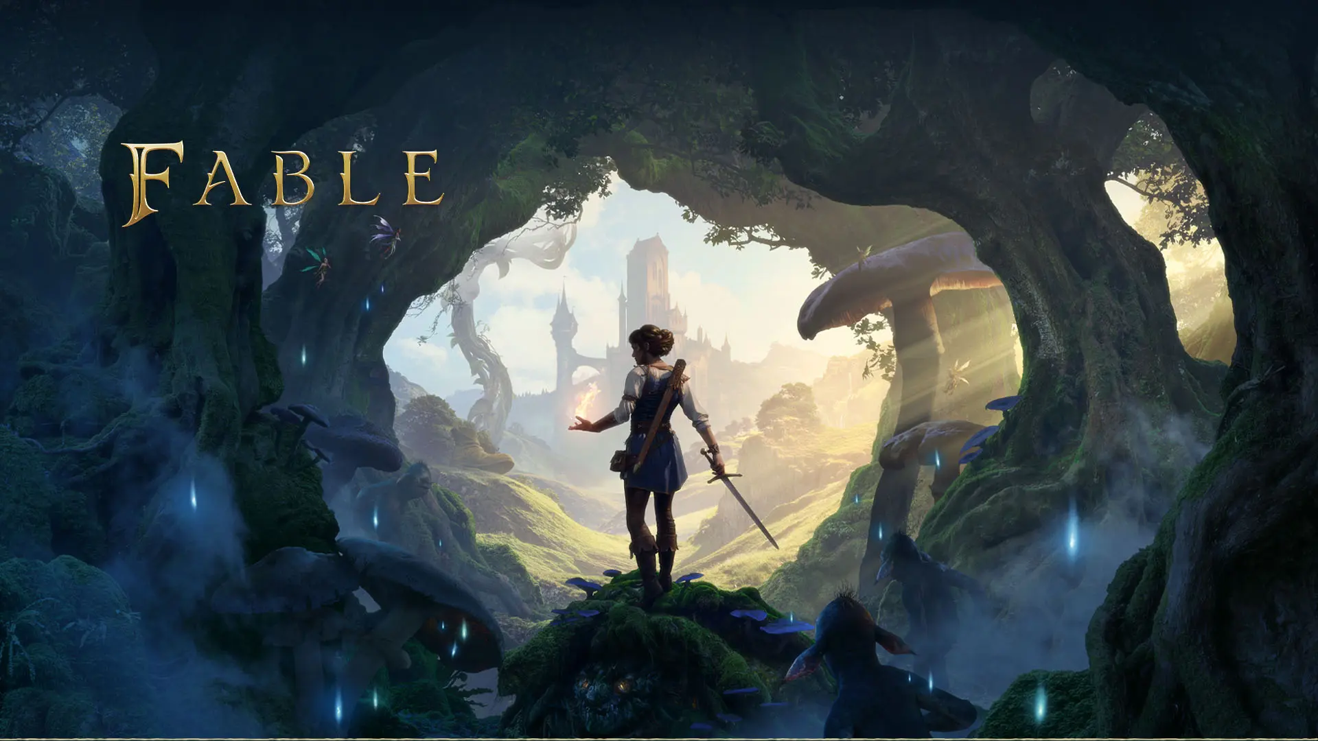 Arte oficial do jogo Fable mostrando a protagonista de costas em uma floresta mágica com cogumelos gigantes e fadas brilhantes. Ela segura uma espada e tem a mão esquerda com magia acesa, contemplando um castelo ao fundo sob o céu claro. Logo dourado de Fable no canto superior esquerdo.