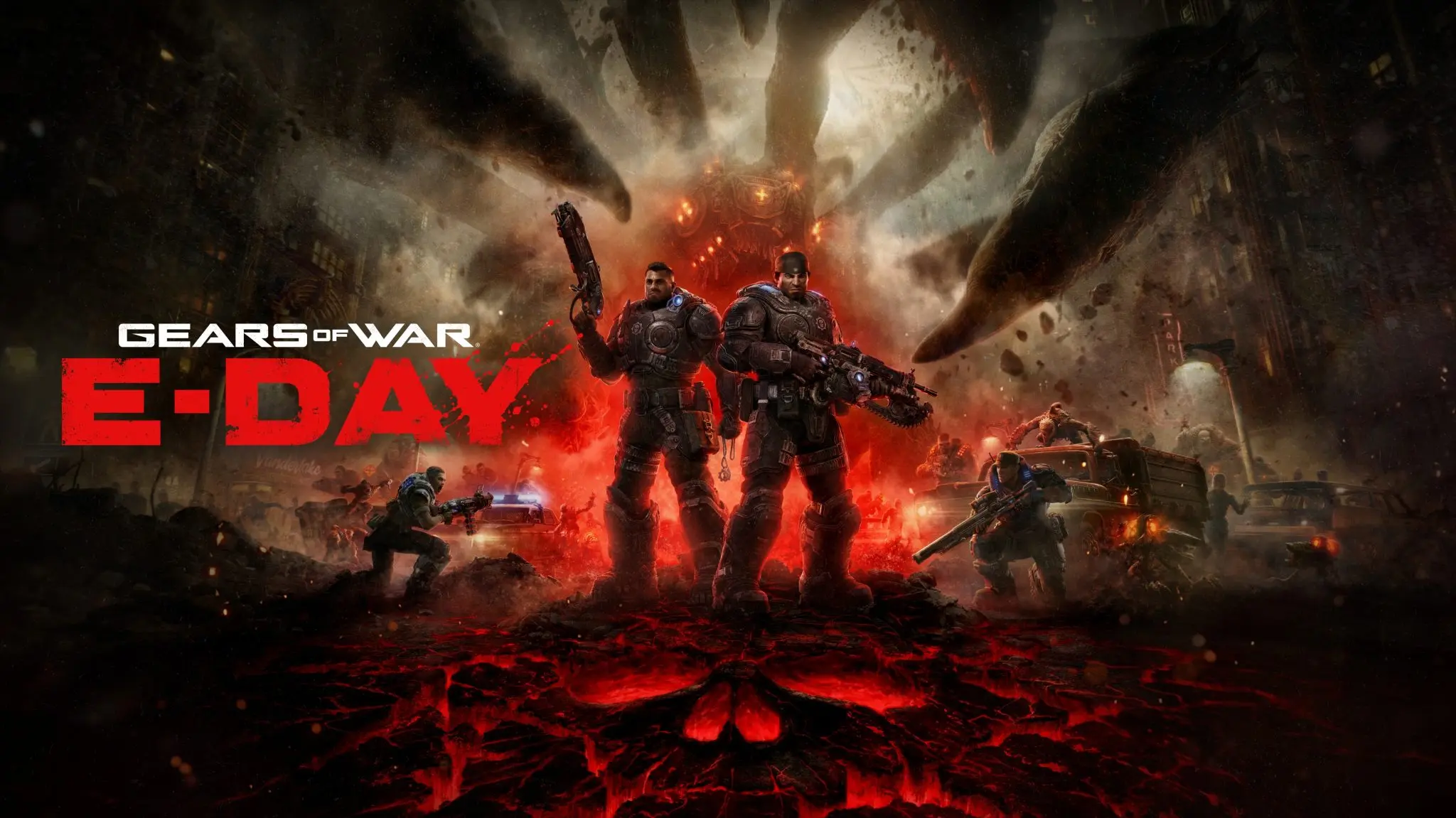 Arte promocional do jogo Gears of War: E-Day com o logótipo à esquerda e os soldados Marcus Fenix e Dom Santiago armados num cenário urbano destruído e em chamas com um monstro Locust ao fundo.