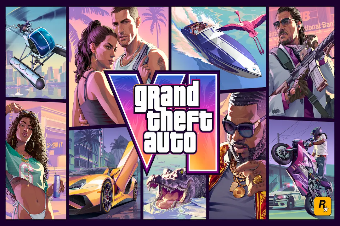 Capa oficial do jogo Grand Theft Auto VI (GTA 6) em formato de montagem com vários painéis. Apresenta os protagonistas Lucia e Jason em destaque, um iate, um helicóptero, um carro esportivo amarelo, um crocodilo, flamingos, personagens adicionais e o logotipo central "Grand Theft Auto VI". Arte oficial da Rockstar Games.
