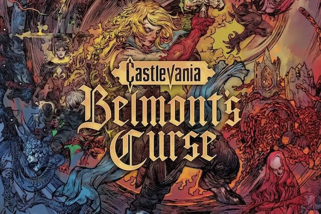 Arte promocional oficial do jogo Castlevania: Belmont's Curse apresentando a protagonista Rose Belmont com o chicote Vampire Killer, tendo a cidade de Paris e o Castelo do Caos ao fundo envoltos em névoa sombria.