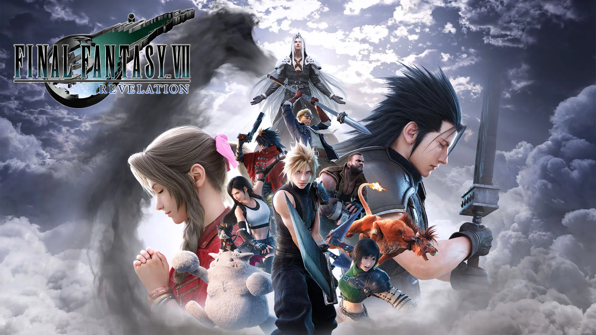 Pôster oficial de Final Fantasy VII Revelation. No centro, Cloud e os demais personagens estão a postos para combate, com o vilão Sephiroth em destaque no topo em meio ao céu nublado.