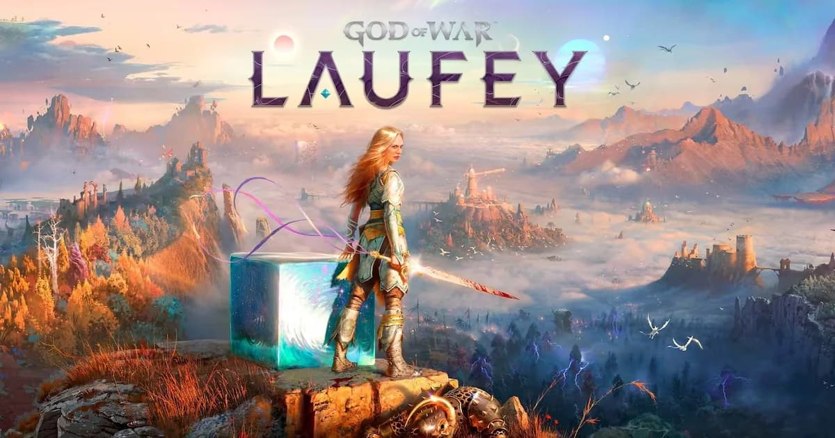 Arte oficial de capa de God of War Laufey mostrando a protagonista Faye olhando para a paisagem do Everywhen ao lado de um cubo mágico e uma espada fincada