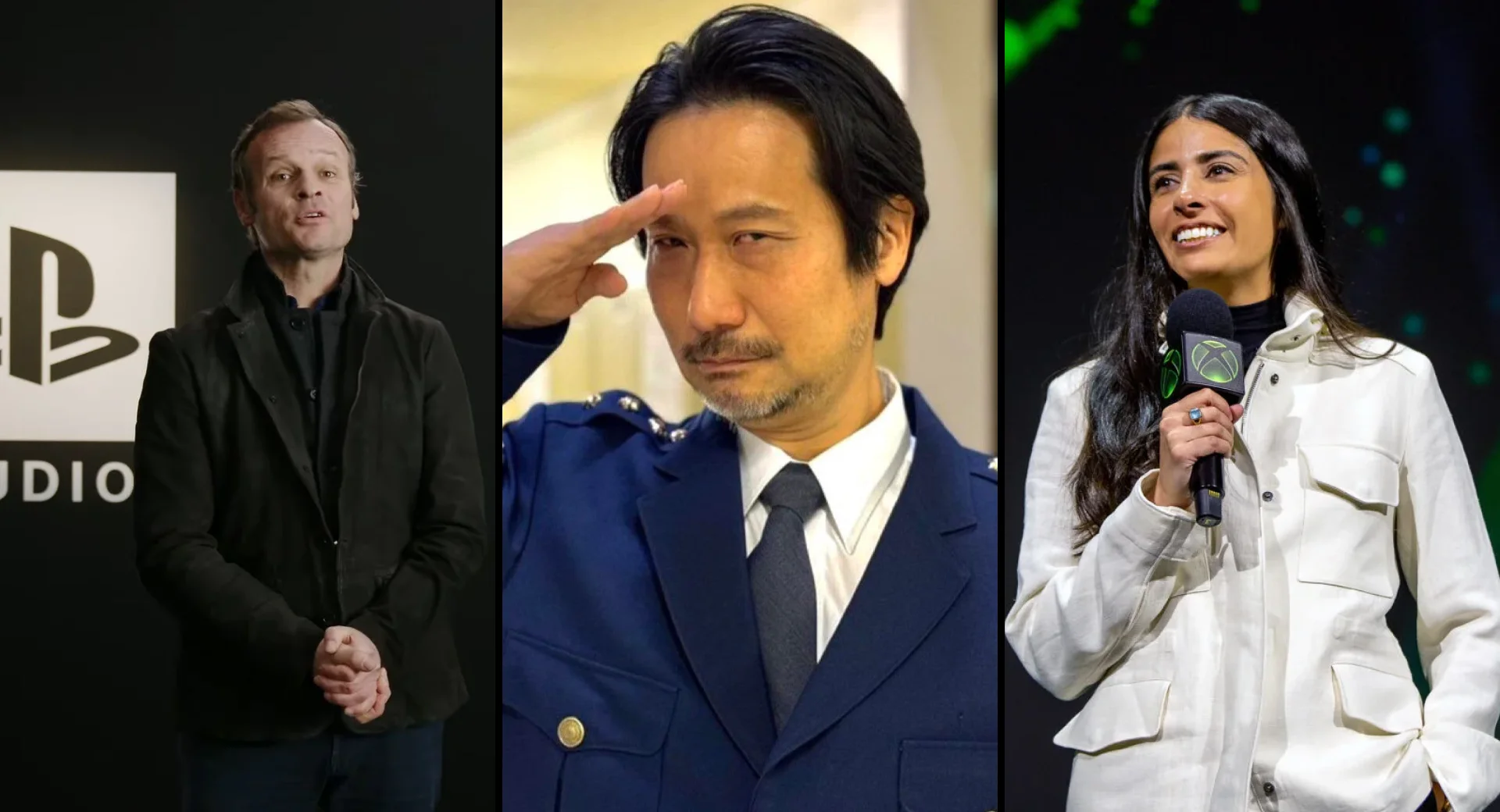 Montagem de três fotos lado a lado: Hermen Hulst com o logo da PlayStation à esquerda, Hideo Kojima prestando continência de farda no centro e Asha Sharma com microfone do Xbox à direita