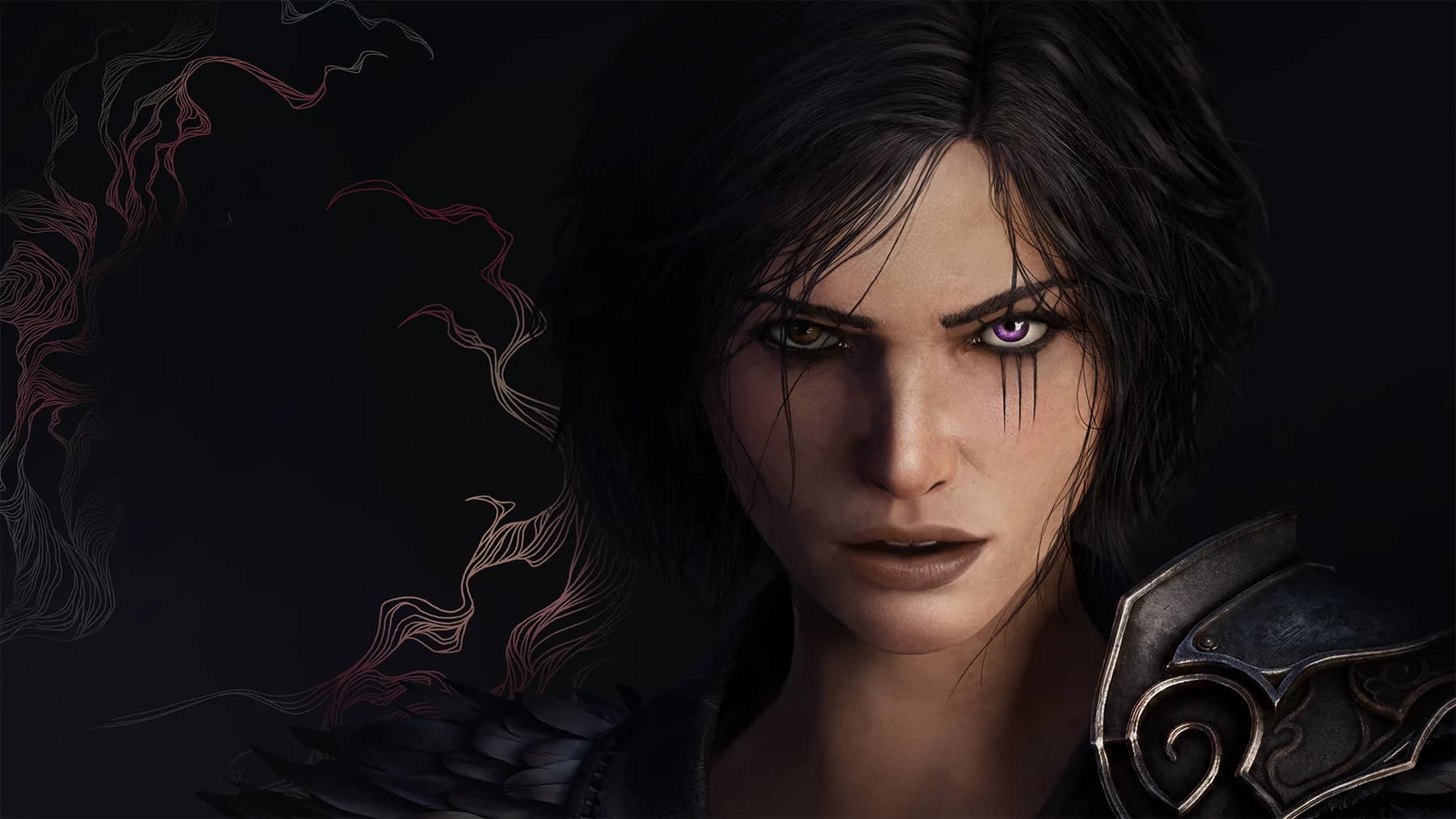 Rosto da protagonista Kaatri no jogo Warlock, com destaque para a cicatriz e o olho esquerdo roxo brilhante.