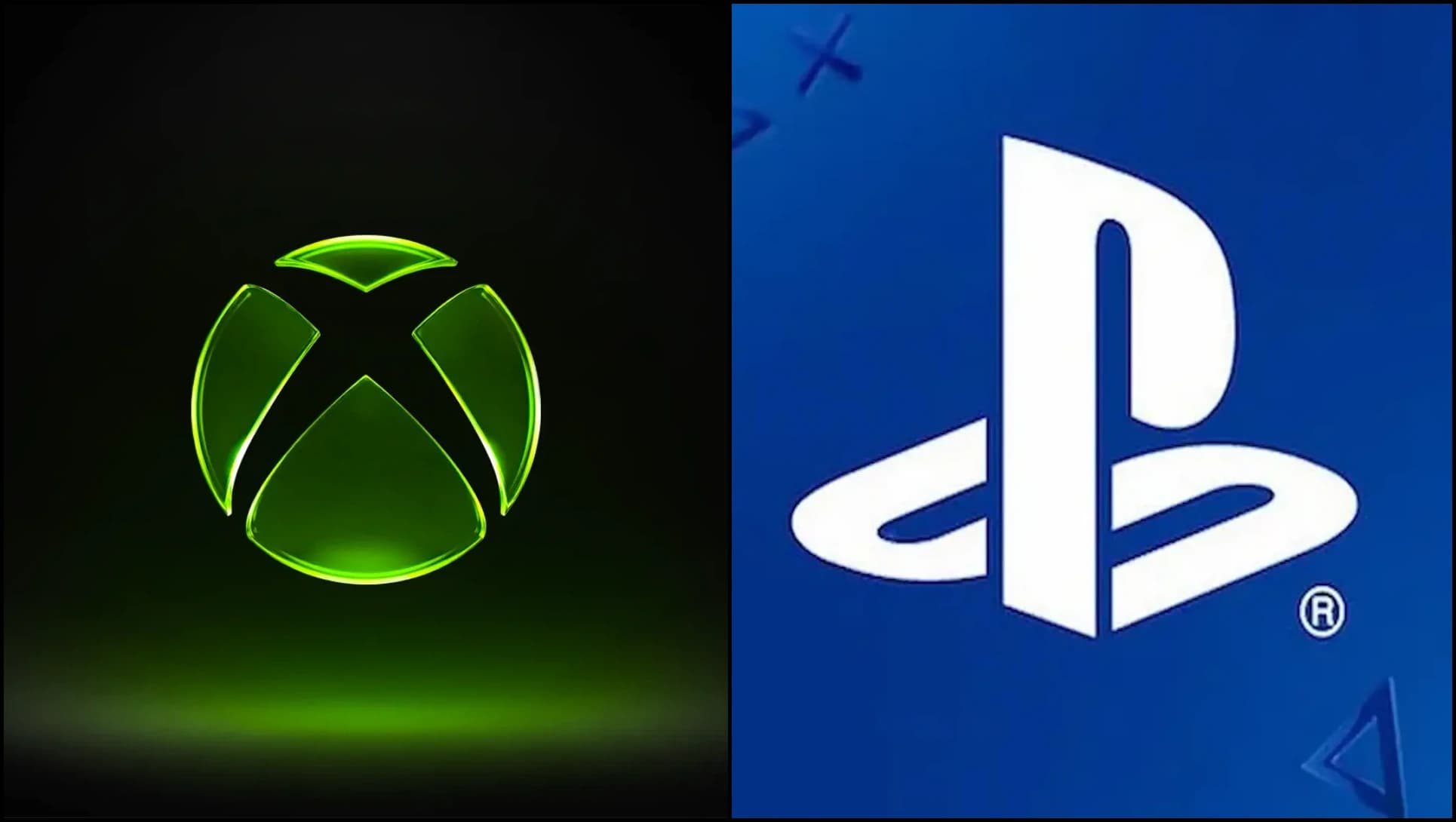 Montagem lado a lado mostrando o logotipo luminoso verde do Xbox à esquerda e o logotipo branco do PlayStation sobre fundo azul à direita.