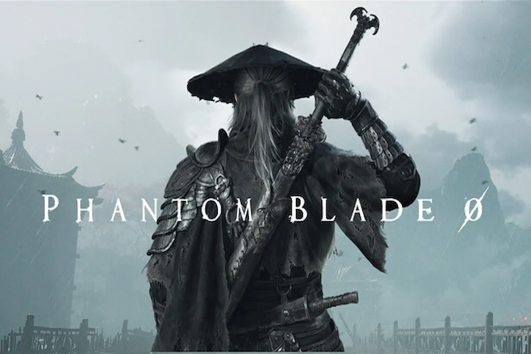 Arte oficial do jogo Phantom Blade Zero mostrando o protagonista Soul de costas, usando chapéu cônico tradicional, armadura e segura uma espada sobre os ombros. Ao fundo, arquitetura tradicional oriental sob neblina e o logotipo "PHANTOM BLADE ZERO" no centro.