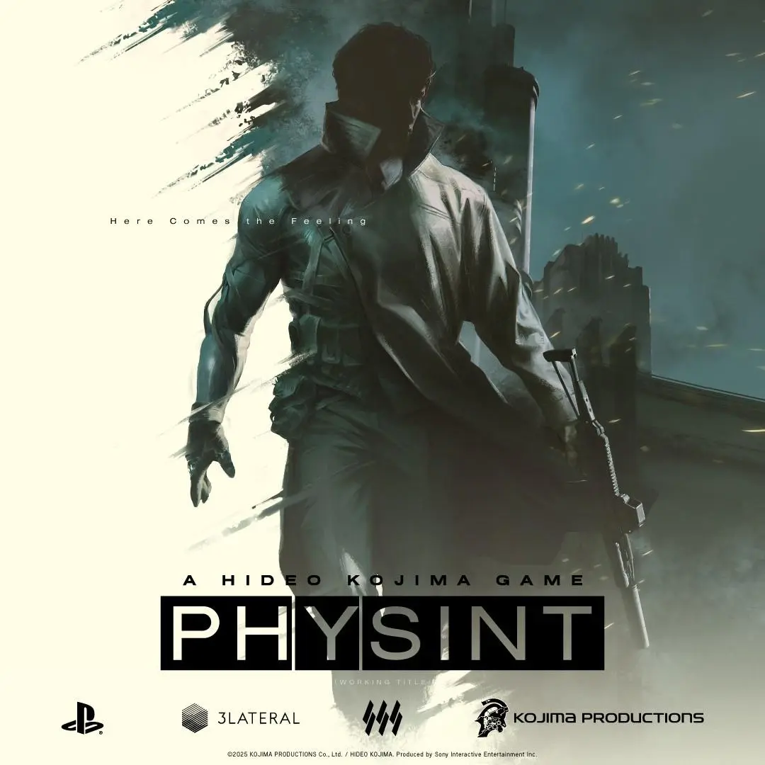 Pôster conceitual do jogo PHYSINT de Hideo Kojima, com o protagonista em traje tático segurando um rifle de frente para uma cidade nebulosa, exibindo o logotipo da PlayStation Studios.