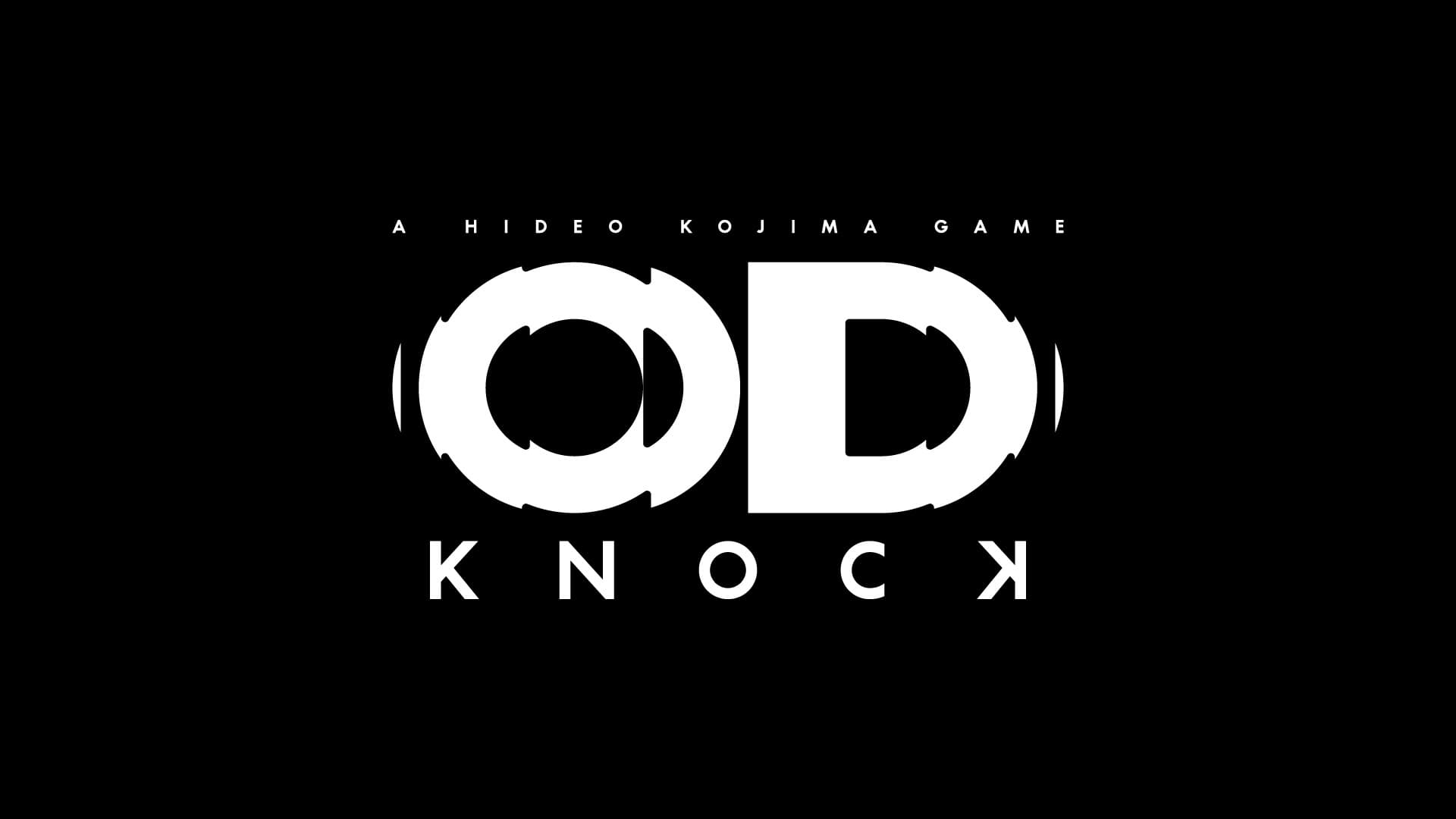 Logotipo oficial do jogo OD Knock em letras brancas estilizadas com formas arredondadas sobre fundo preto absoluto. Acima do título, destaca-se o texto centralizado A Hideo Kojima Game.