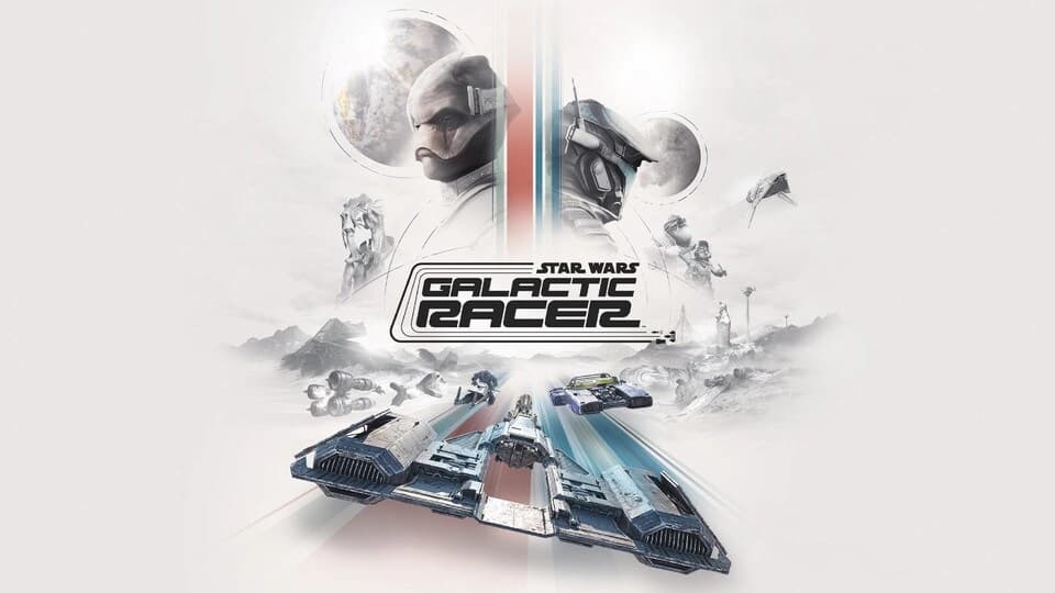 Arte oficial do jogo Star Wars: Galactic Racer em estilo cartaz, com pilotos de capacete no topo, naves, podracers e landspeeders acelerando em alta velocidade no centro e o logotipo do jogo em destaque sobre fundo claro com planetas.