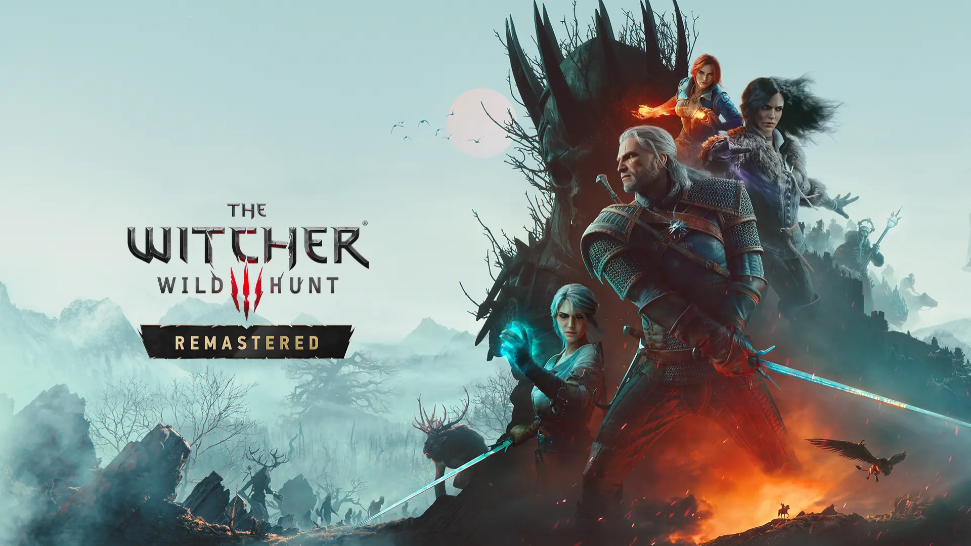 Arte principal de The Witcher 3: Wild Hunt Remastered. Geralt de Rivia em destaque segurando uma espada, ladeado por Ciri empunhando magia azul e Triss Merigold conjurando fogo. Ao fundo, cavaleiros da Caçada Selvagem em um cenário gélido, com o logotipo do jogo à esquerda.