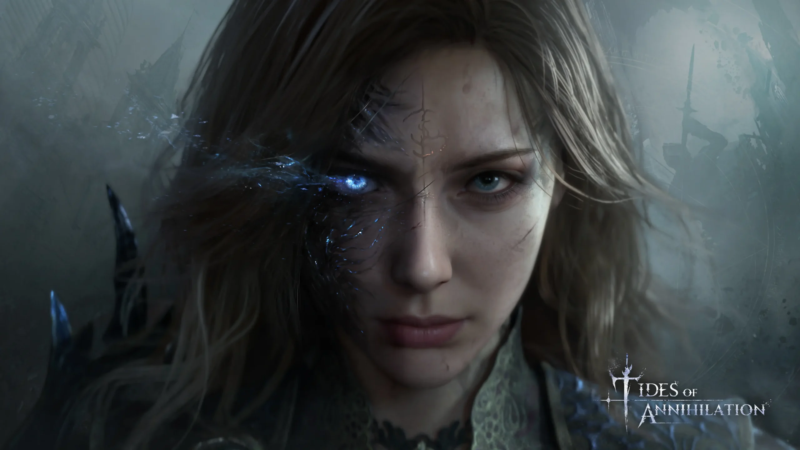 Retrato em close-up da protagonista Gwendolyn, de Tides of Annihilation, com cabelos loiros e o olho direito brilhando com energia mágica azul e marcas místicas na pele. Ao fundo, ruínas sombrias envolvidas por névoa e o logotipo do jogo no canto inferior direito.