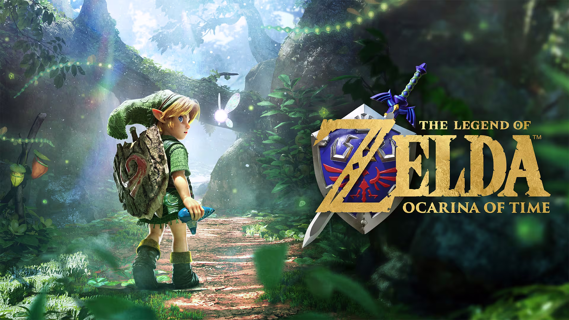 Link criança com túnica verde segurando a ocarina do tempo com a espada e escudo nas costas em uma floresta iluminada, ao lado do logotipo de The Legend of Zelda Ocarina of Time.